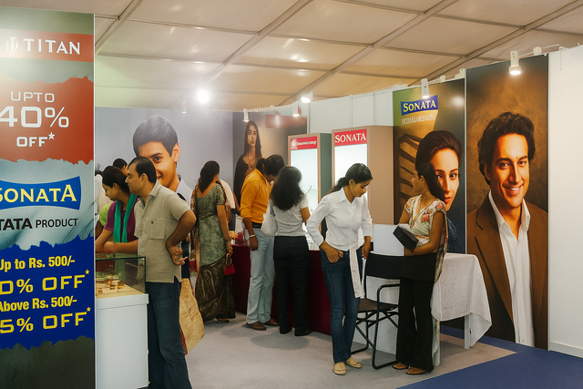 Titan and Sonata booth at ICE Mega Expo — visitors exploring branded watch displays