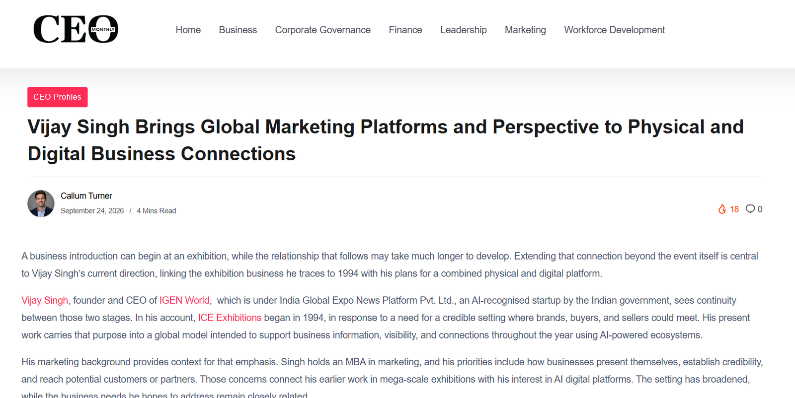 CEO Monthly article — Vijay Singh Brings Global Marketing Platforms and Perspective to Physical and Digital Business Connections