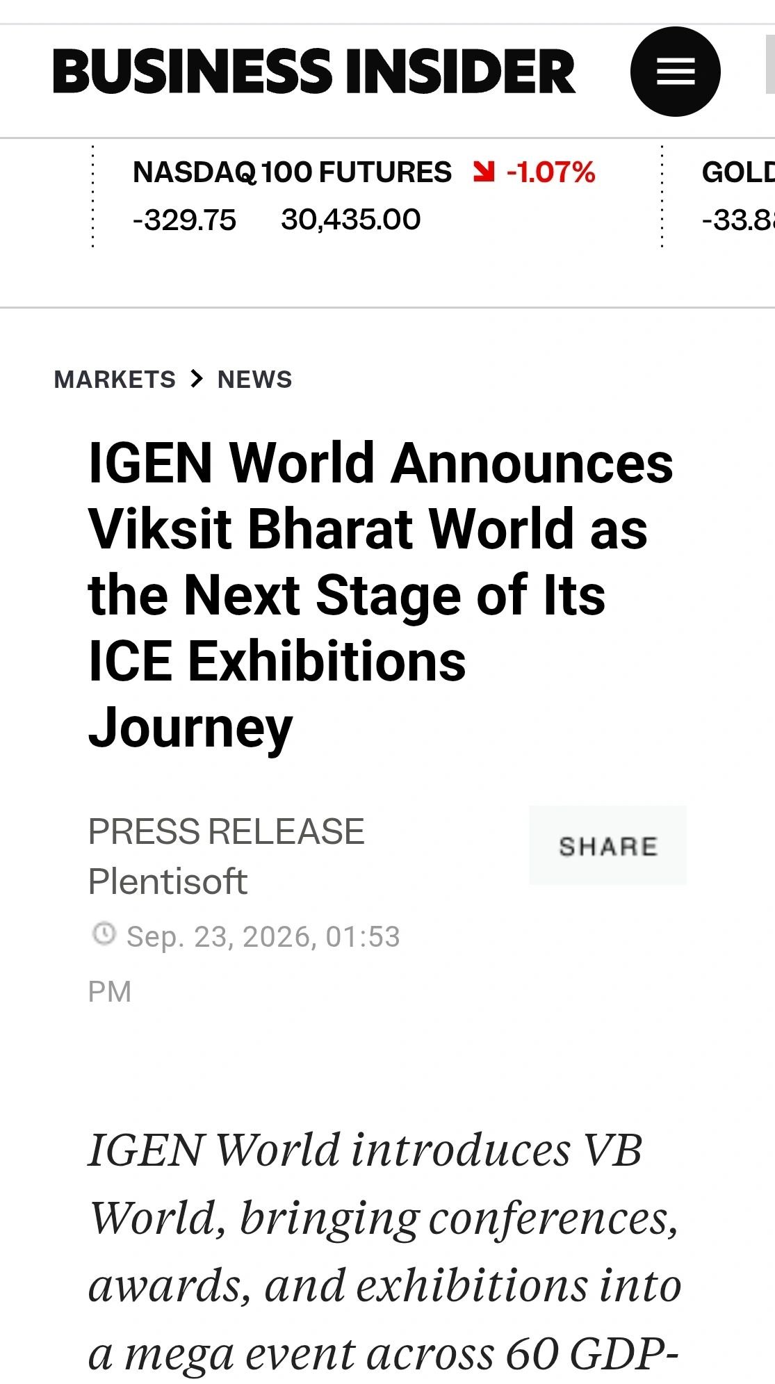 Business Insider article screenshot — IGEN World Announces Viksit Bharat World as the Next Stage of Its ICE Exhibitions Journey